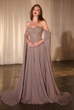 Ladivine CJ937 Pleated A-Line Gown With Cape Sleeves