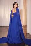 Ladivine CJ937 Pleated A-Line Gown With Cape Sleeves