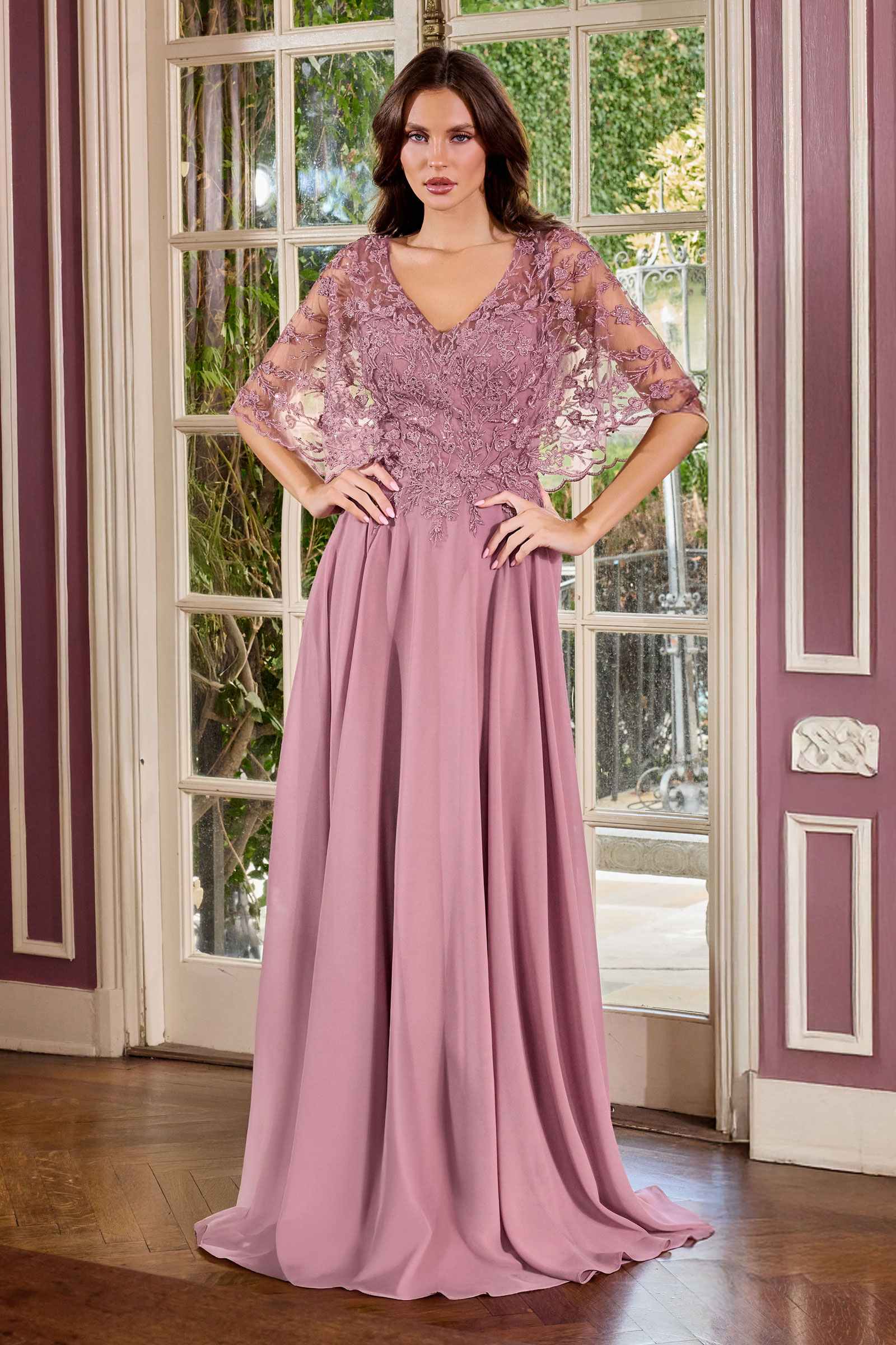 Ladivine CL10 Mother of the Bride V-Neckline Lace Bodice A-Line Gown