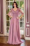 Ladivine CL10 Mother of the Bride V-Neckline Lace Bodice A-Line Gown