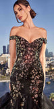 Ladivine CM354 Long Off the Shoulder Iridescent Black Sequin Gown