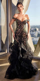 Ladivine CM354 Long Off the Shoulder Iridescent Black Sequin Gown