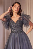 Ladivine CM359 Embellished Layered Glitter Tulle A-Line Dress