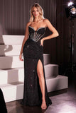 Ladivine CM367 Dress Strapless Crystal Embellished Black Fitted Gown