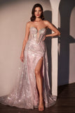 Ladivine CM384 Strapless Glitter Printed Gown & Overskirt