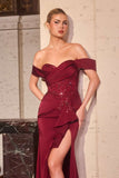 Ladivine CM387 Off the Shoulder Sculpted Beaded Bodice Fitted Gown