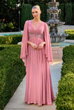 Ladivine CM8244 V-Neckline Cape Sleeves Flowing Chiffon Gown