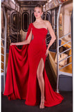 Ladivine CM8428 One Shoulder Fitted Draped Cape Evening Gown