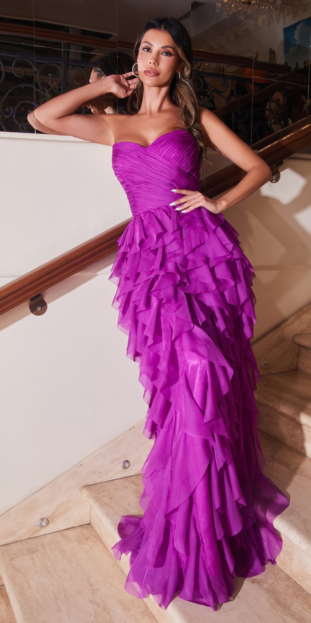 Ladivine CZ0027 Long Strapless Ruffled Skirt A-Line Dress