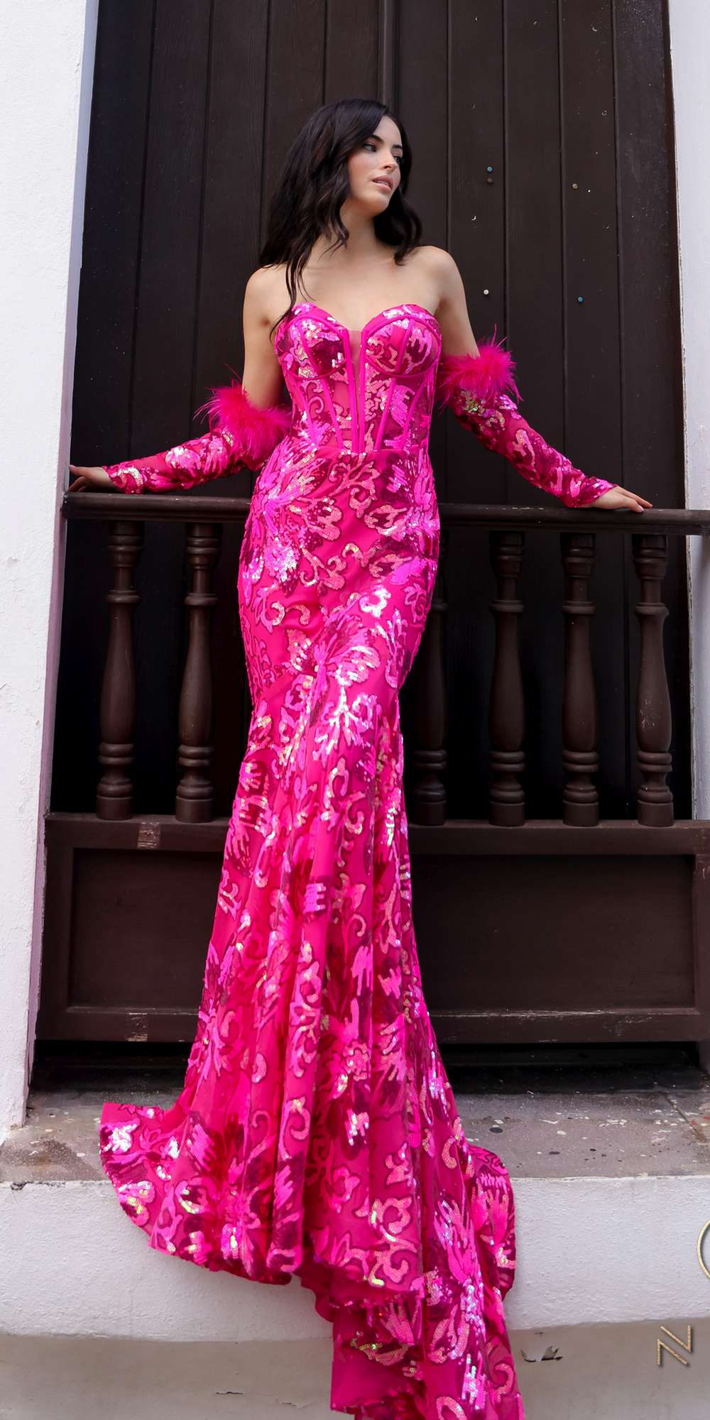 Nox Anabel D1269 Detachable Long Sleeves Floral Sequin Mermaid Gown