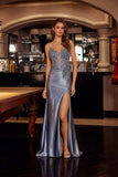 Nox Anabel D1766 Shiny Satin Prom Gown Plunging V-Neckline