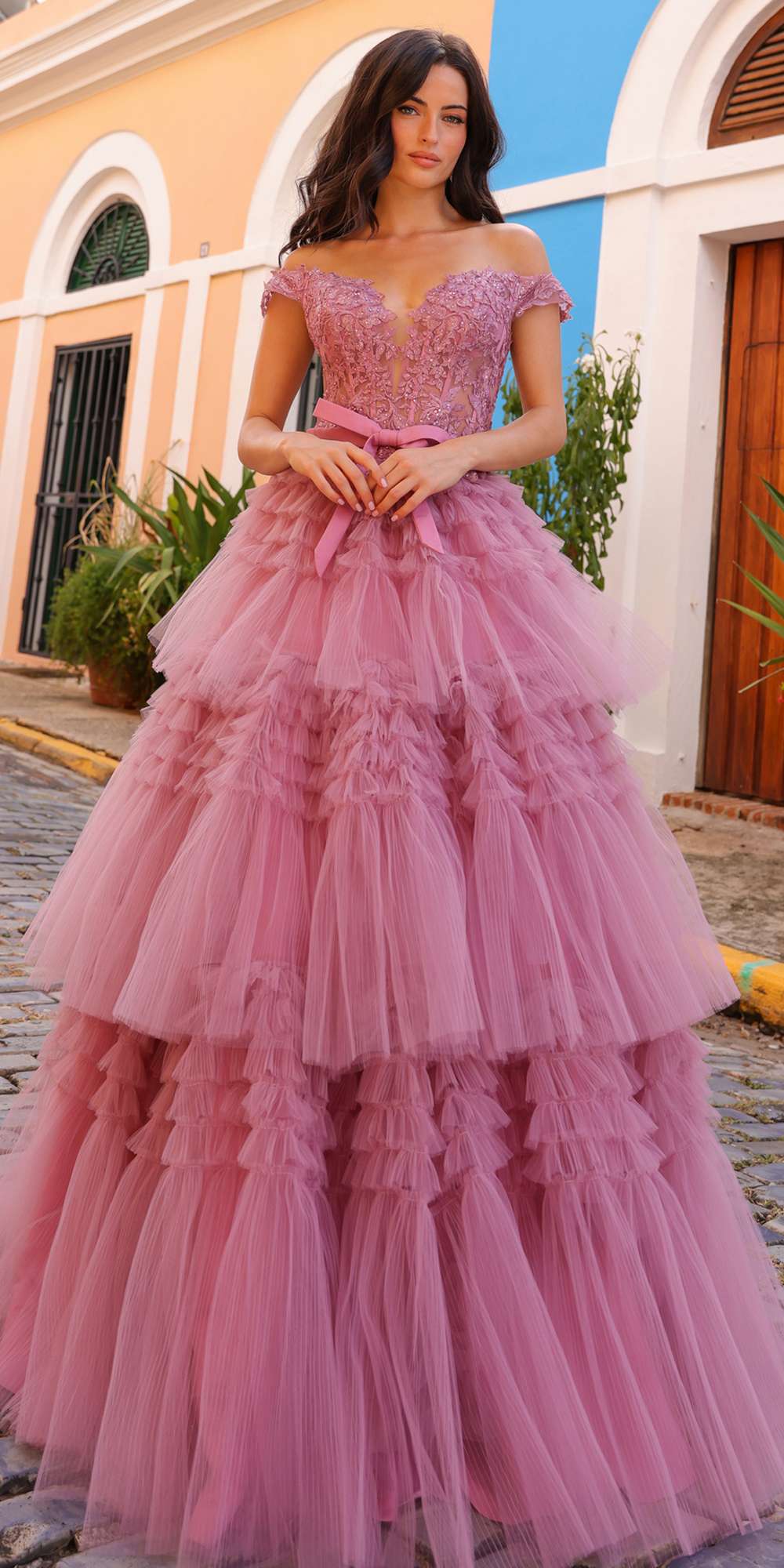 Nox Anabel E1293 Long Off the Shoulder Sweetheart Ruffled Tiered Tulle Gown