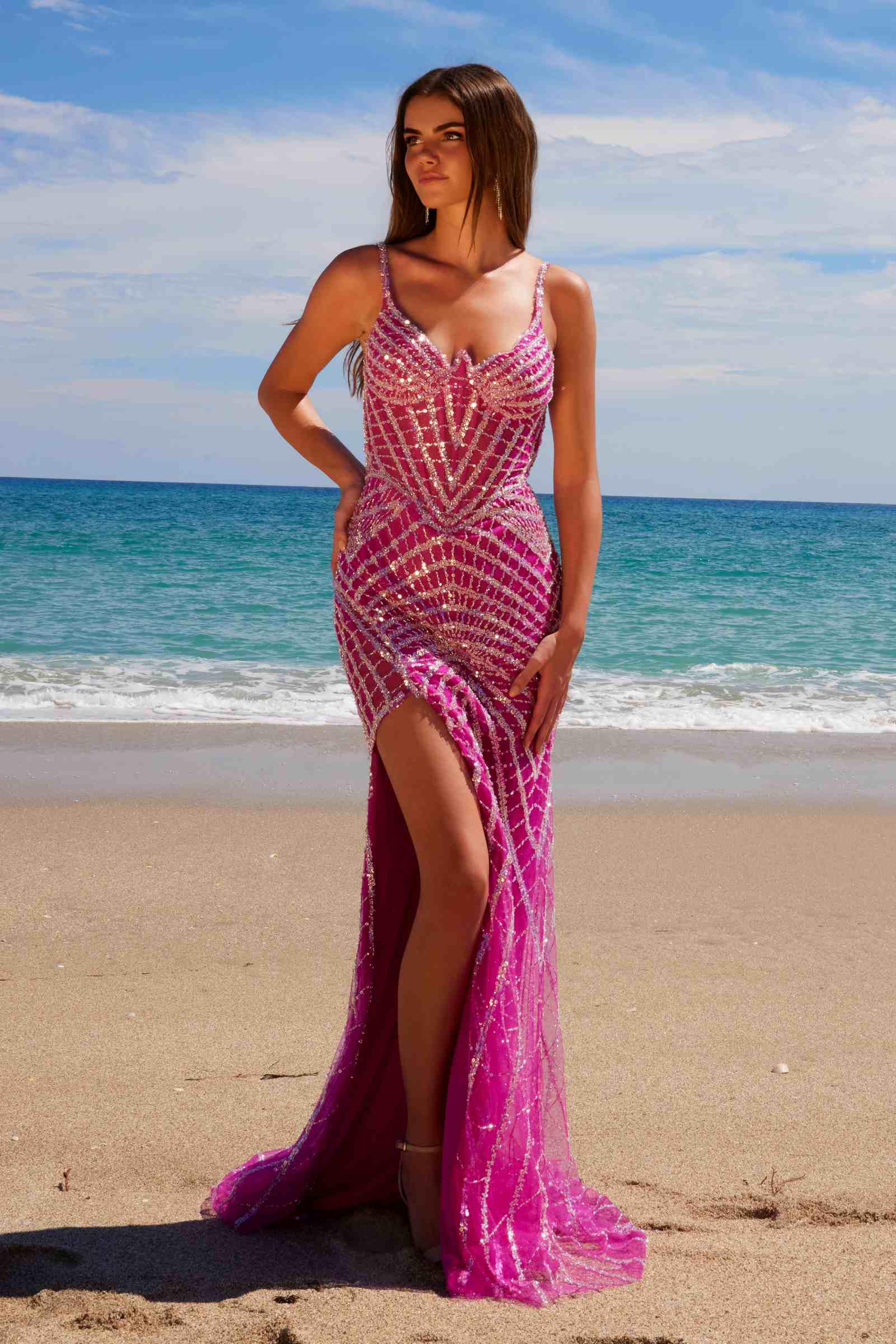 Nox Anabel E1531 Long Dress Fully Beaded Applique V-Neckline