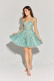 Eureka EK152 A-line Iridescent Sequin Short Gown with Floral Applique