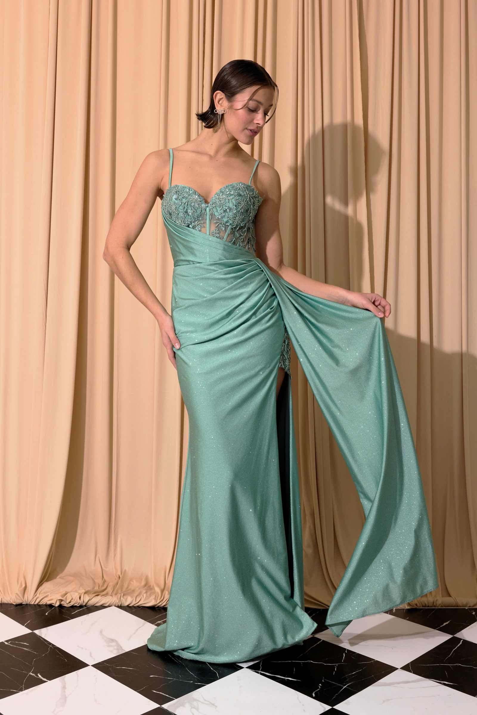 Silk Jersey Designer Jersey Dresses Terani Couture 251P4123 Jersey Satin  Asymmetric Neck Dress