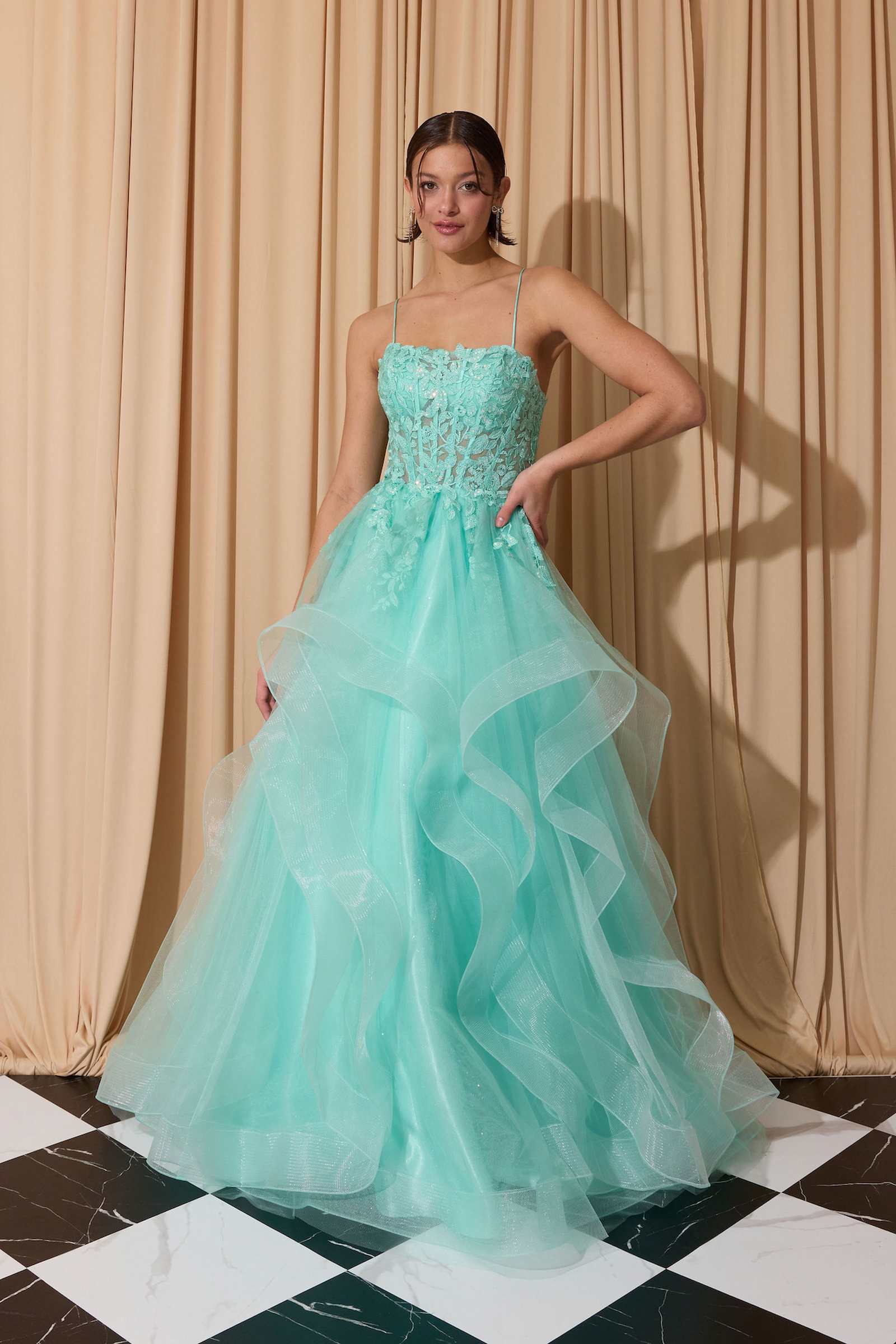 Eureka EK167 Lace Embroidery Cascading Ruffle Tier A-Line Skirt Gown –  DiscountDressShop