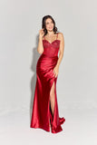 Eureka EK183 Strapless Beaded Boned Bodice Silk Satin Gown Open Slit