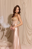 Eureka EK183 Strapless Beaded Boned Bodice Silk Satin Gown Open Slit