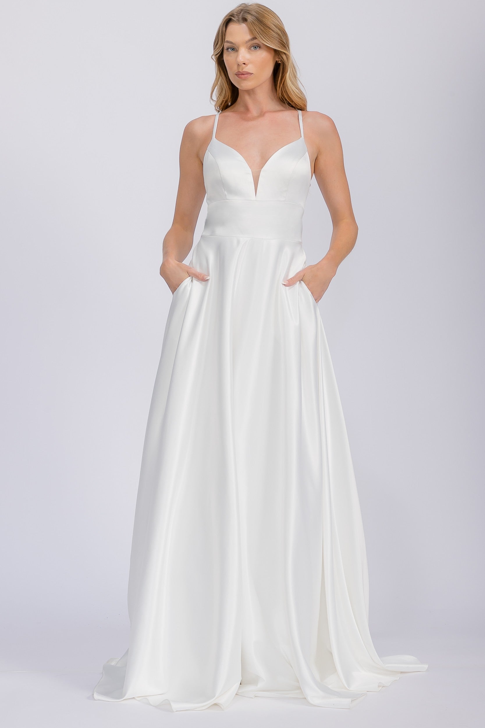 Eureka EK190 A-Line Bridal Satin Gown V-Neckline With Pockets