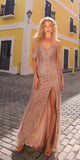 Nox Anabel F1468 Long Draped Off the Shoulder Sleeve Sequin/Beaded Gown