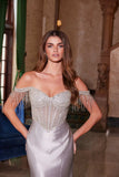 Nox Anabel F1568 Satin Beaded Off-Shoulder Boned Waistline Dress