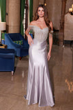 Nox Anabel F1568 Satin Beaded Off-Shoulder Boned Waistline Dress