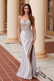 Nox Anabel F1570 Long Satin Dress Sheer Boned Waistline Fully Beaded Top