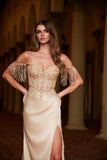 Nox Anabel F1571 Fringed Off-Shoulder Sequin Sweetheart Neckline Dress