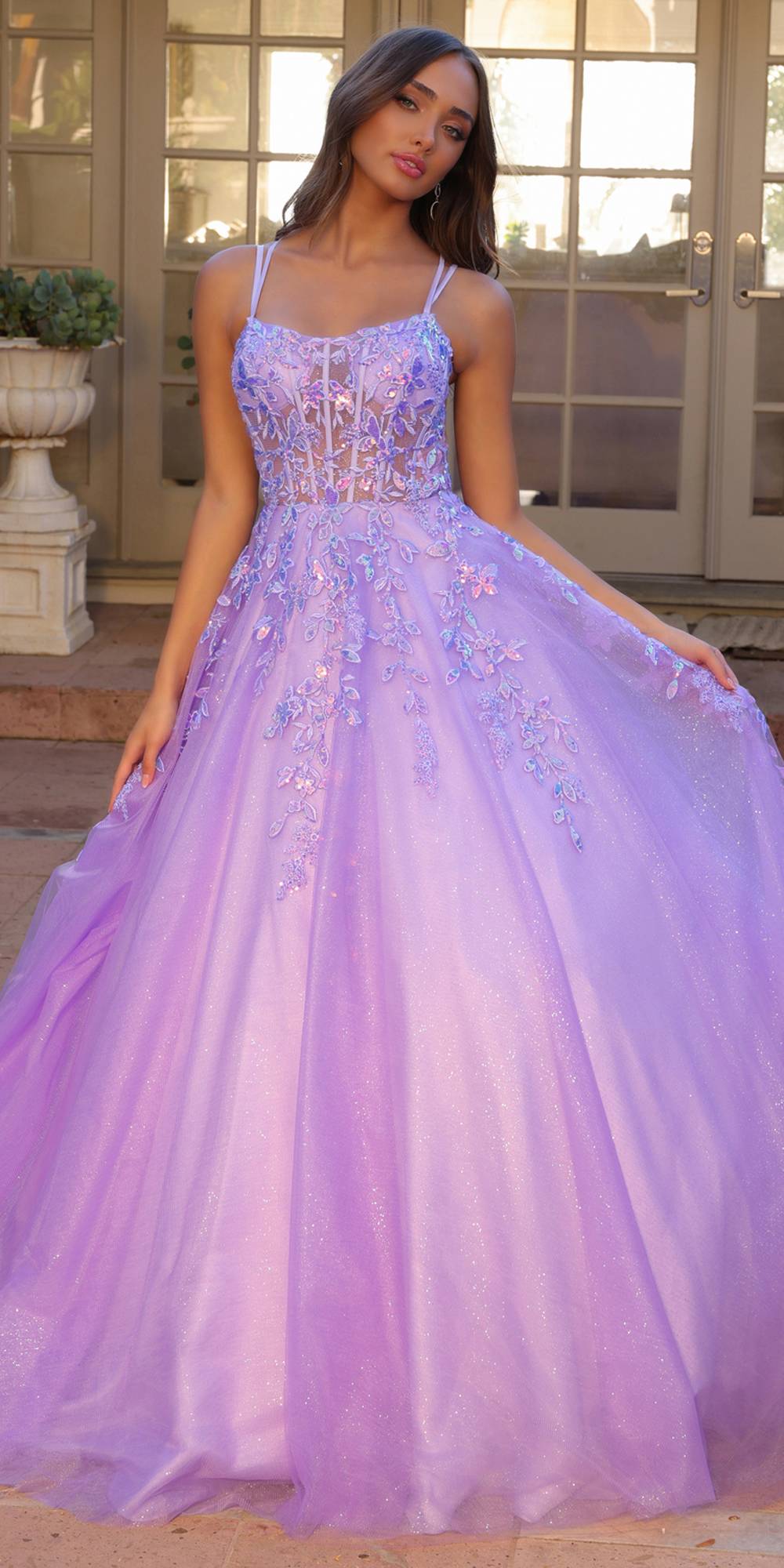 Nox Anabel H1271 Long Scoop Neckline Glitter Tulle A-Line Ballgown