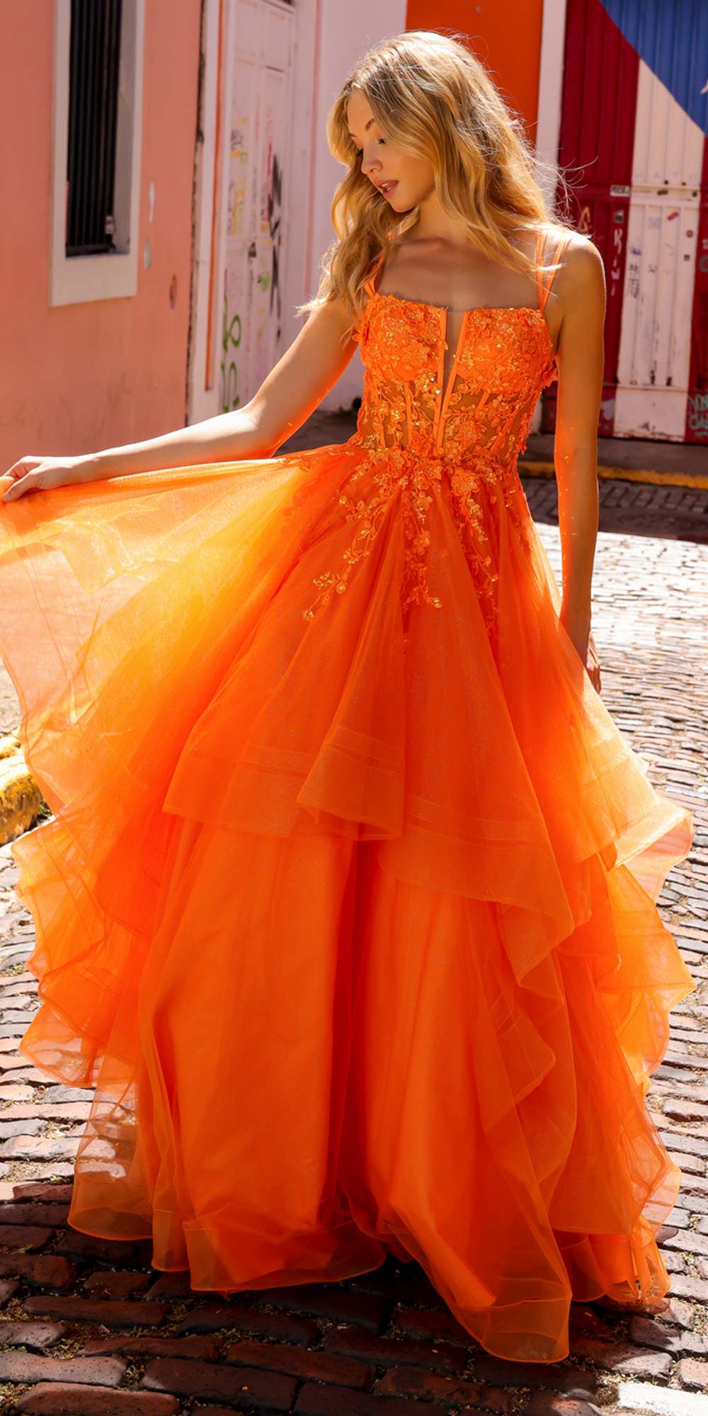 Nox Anabel H1351 Long A-Line Tiered Layered Ruffled Tulle Ballgown