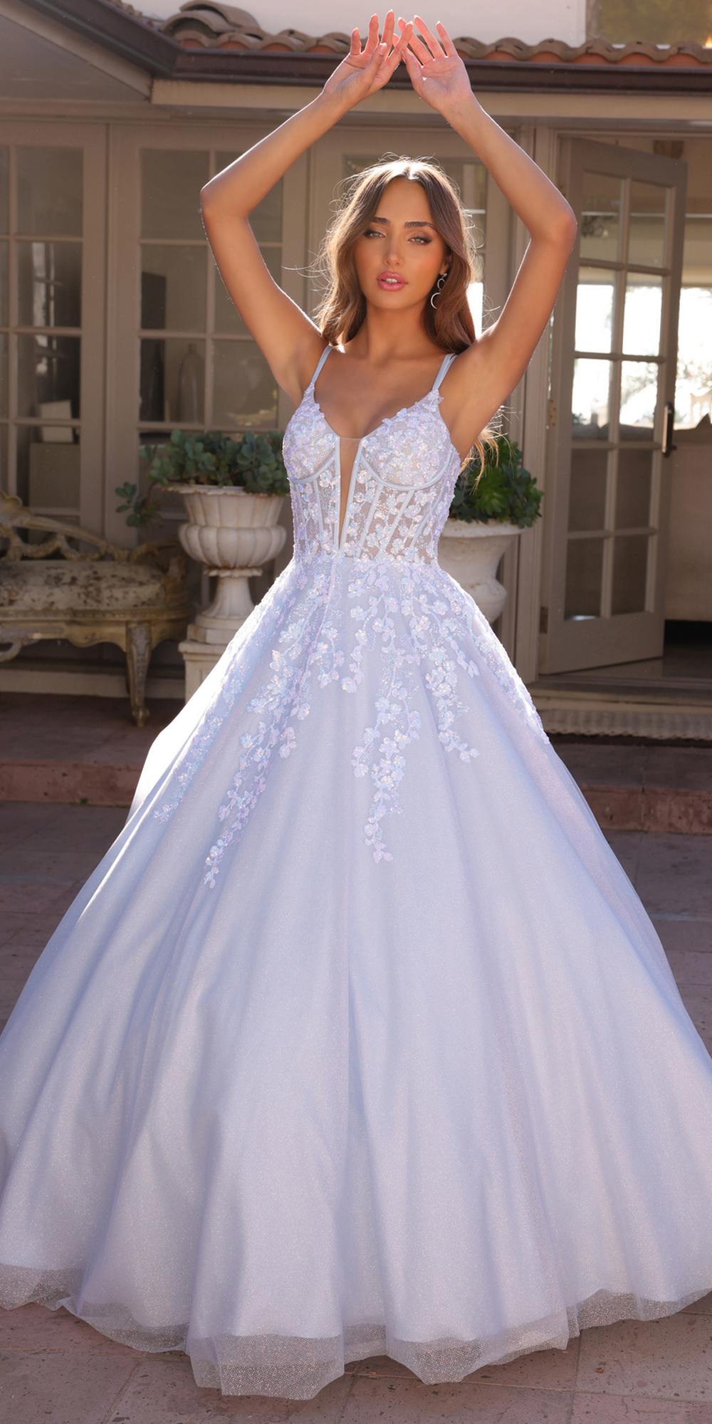 Nox Anabel H1357 Plunging Illusion Neckline Corset A-Line Ballgown