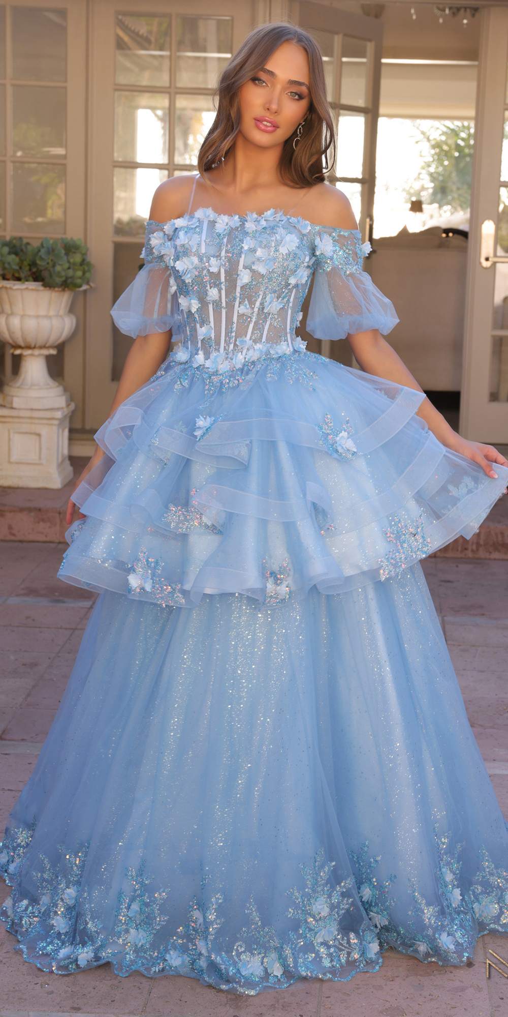 Nox Anabel H1360 Off the Shoulder 3D Floral A-Line Gown Removable Skirt