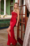 Nox Anabel H1667 Satin Sweetheart Beaded Applique Dress with Slit