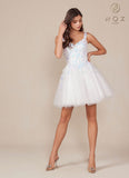Nox Anabel H846W Short Glitter Sequin Applique White A-Line Dress