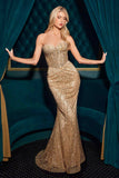Ladivine J871 Long Sultry Fitted Strapless Embellished Gown - GOLD