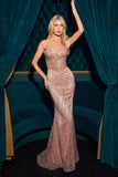 Ladivine J871 Long Sultry Fitted Strapless Embellished Gown - ROSE GOLD