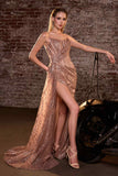 Ladivine J872 Long Strapless Glitter Embellished Leg Slit Evening Gown