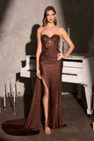 Ladivine J875 Fitted Strapless Sparkle and Lace Dress