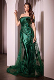 Ladivine J876 Dress Embellished Satin Fitted Gown With Tulle Overskirt - emerald