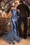 Ladivine J876 Dress Embellished Satin Fitted Gown With Tulle Overskirt - smoky blue
