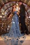Ladivine J876 Dress Embellished Satin Fitted Gown With Tulle Overskirt - smoky blue