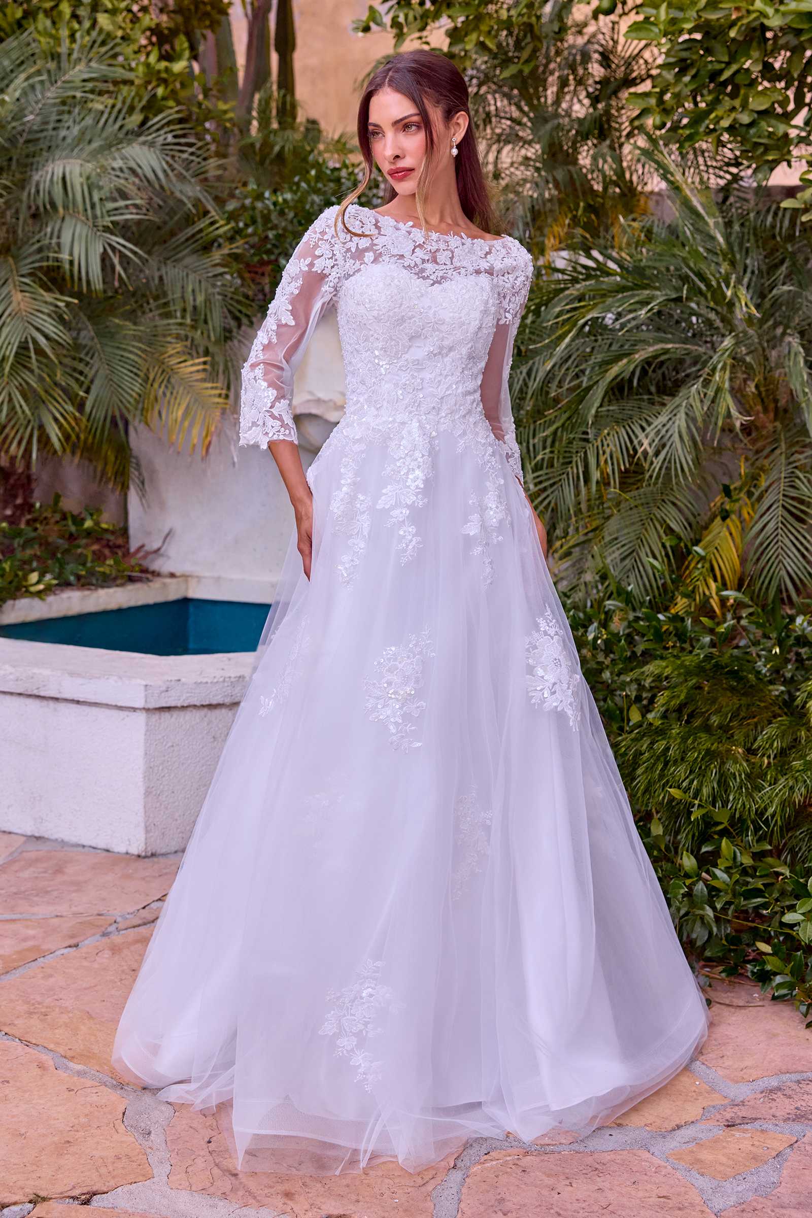 Ladivine J883W Wedding A-Line Ball Gown Long Sleeves Lace Applique