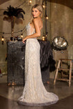 Ladivine J890 Geometric Glitter Motif Sheer Tulle Overlay Sparkling Gown