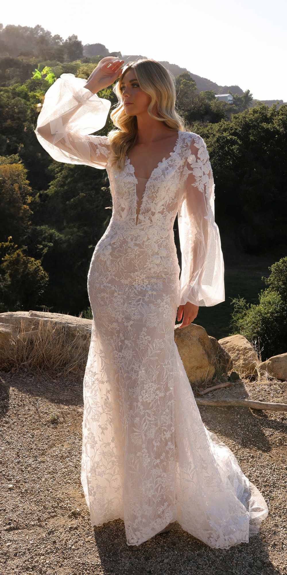 Nox Anabel JE1009L Long Puff Sleeve Bridal Mermaid Dress