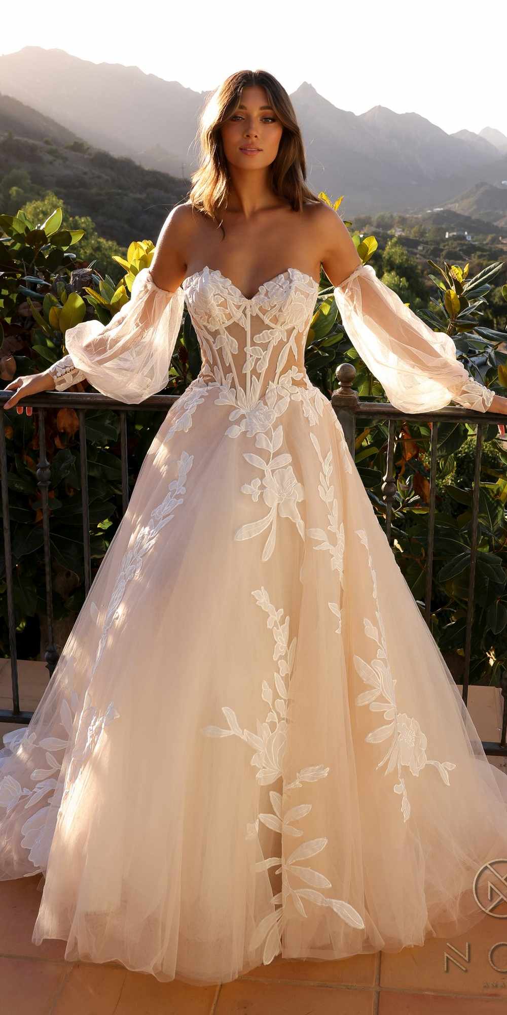 Nox Anabel JE990L Long Puff Sleeve Strapless Corset A-Line Bridal Gown