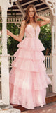 Juliet JT2438K Long Glitter Print Layered Tiered A-Line Gown