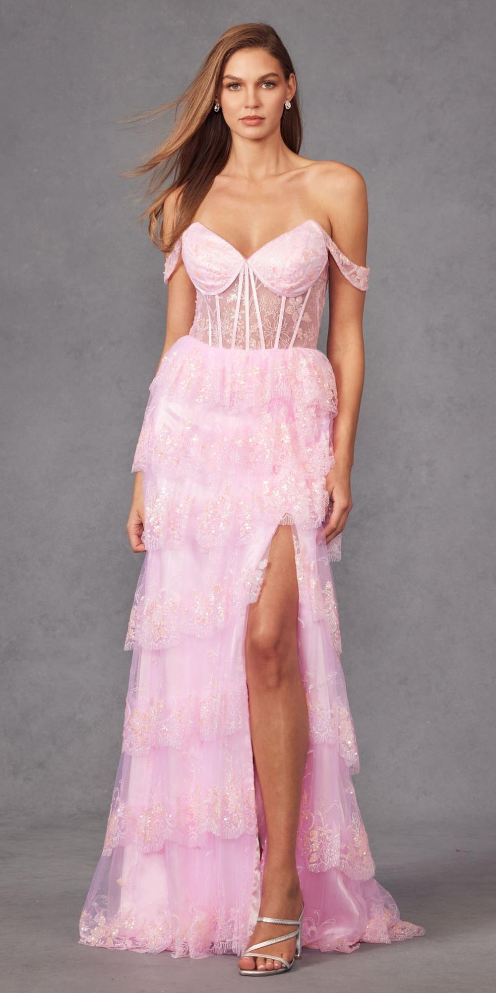 Juliet JT2453K Long Boned Bodice Sweetheart Tiered Ruffled Slit A-Line Gown