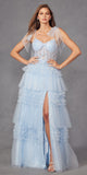 Juliet JT2465A Long Glitter Tulle A-Line Leg Slit Ribbon Bow Strap Gown