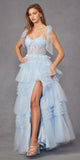 Juliet JT2465A Long Glitter Tulle A-Line Leg Slit Ribbon Bow Strap Gown