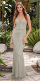 Juliet JT2470S Long V-Neck Boned Bodice Fitted Net Mesh Formal Dress